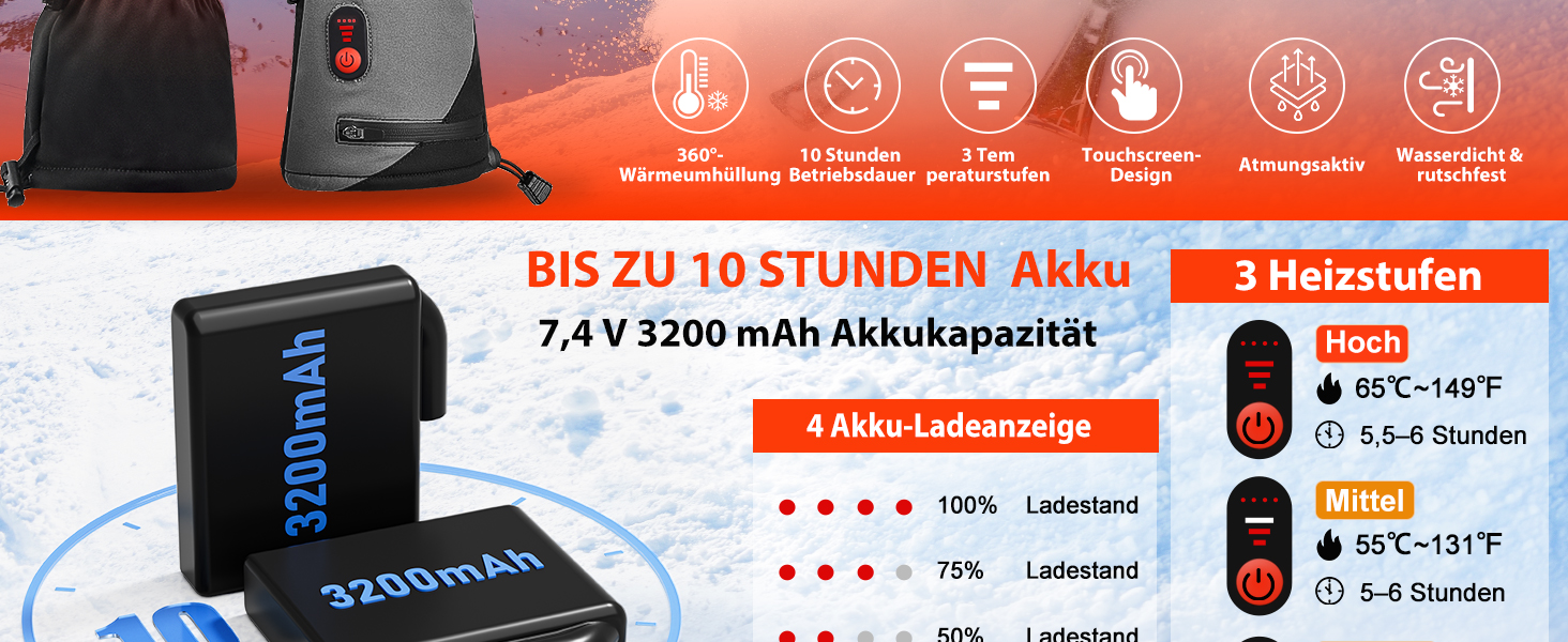 Гріючі рукавички з акумулятором 7.4V 6400mAh USB, 3 режими нагріву, водонепроникні рукавички з підігрівом для зимових видів спорту, катання на лижах, мотоциклі, велосипеді, піших прогулянок
