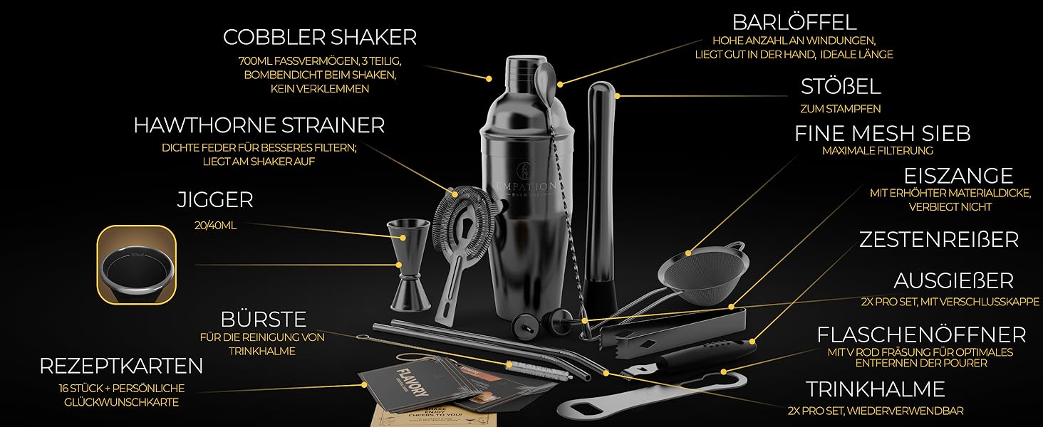 Набір для коктейлів Schwarz: 14 предметів, шейкер Cobbler 700мл, аксесуари та рецепти. Ідеальний барний набір для початківців та професіоналів.
