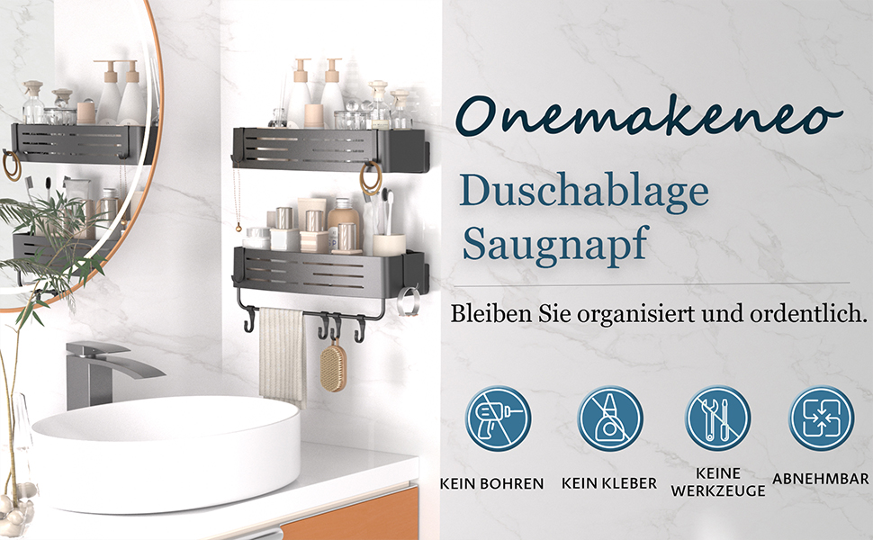 Двомісний кутовий поличний органайзер для душу без свердління, чорний, з кріпленням на присосках, з гачками для рушників та аксесуарів, для шампуню та гелю для душу