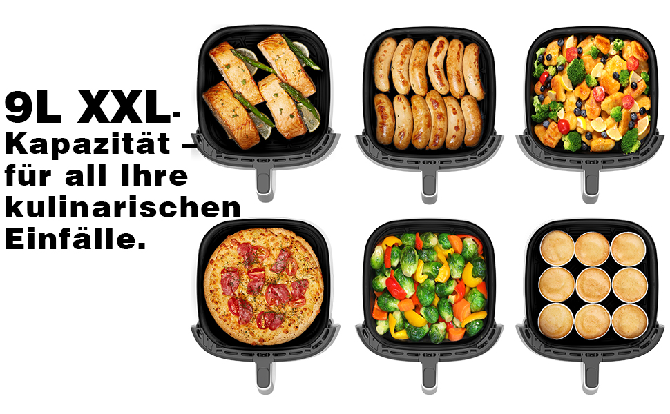 Аерофритюрниця XXL 9л Heißluftfritteuse 2350W з 9 програмами, LED дисплеєм, підтриманням тепла, металевим внутрішнім простором для сімейних страв