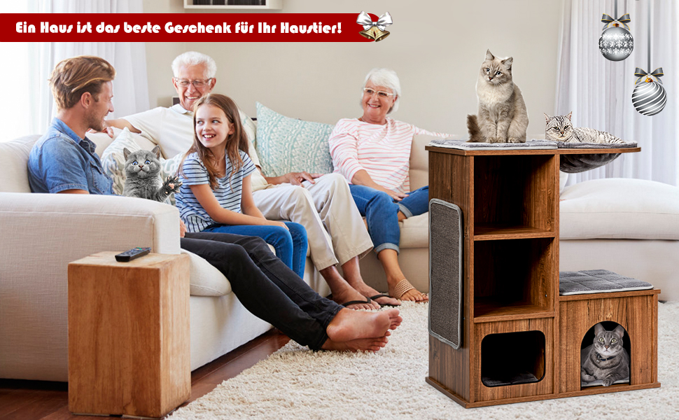 Кігтеточка для котів COSTWAY з будиночком та килимками, дерев'яний дім-кігтеточка, активний комплекс для котів 69x39x80,5 см, вінтажний стиль