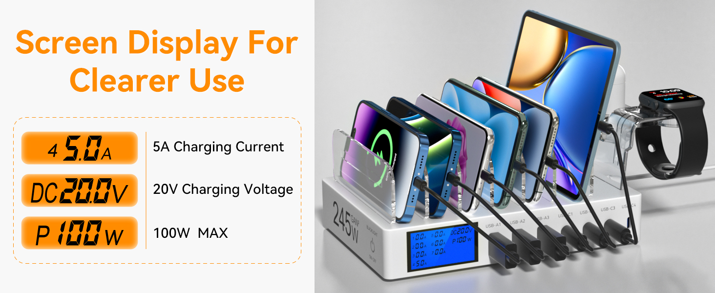 Зарядна станція 245W USB для 7 пристроїв з LCD-дисплеєм, кабелями та тримачем для iWatch, чорна - для iPhone, планшетів та іншої електроніки