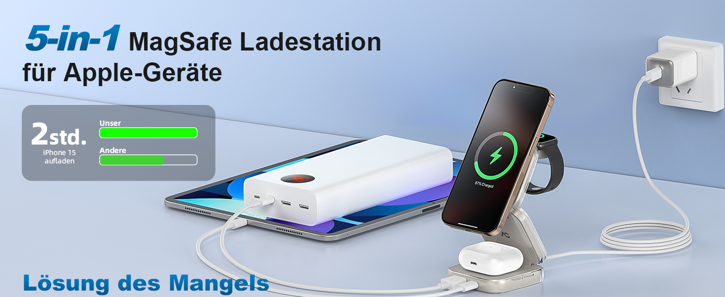 Зарядна станція 5 в 1 для iPhone з магнітним кабелем, складний зарядний пристрій для подорожей, сумісний з iPhone 17/16/15/14/13/12, AirPods Pro 3, Apple Watch S11/Ultra (Titan Wüstensand) 2026-Titan Grau