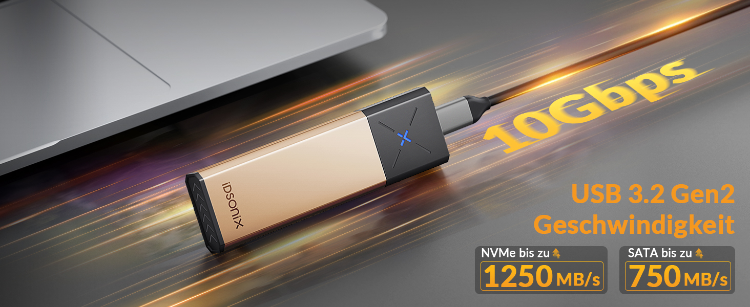 Зовнішній корпус-адаптер iDsonix M.2 NVMe та SATA SSD на USB 3.2 Gen 2 10Gbps, алюмінієвий, без інструментів, підтримка M-Key/B+M Key, UASP Trim, для SSD 2230/2242/2260/2280 (Золотистий)