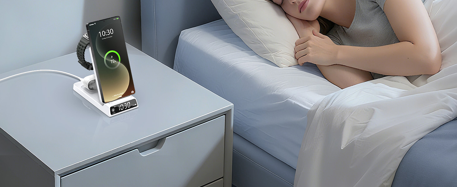 Бездротова зарядка для Samsung з годинником: станція для Galaxy S25 Ultra/S24/Z Fold 6/Flip 7/Bud, Watch, серій 8/7/6/5Pro, 3 в 1, сірий (білий)