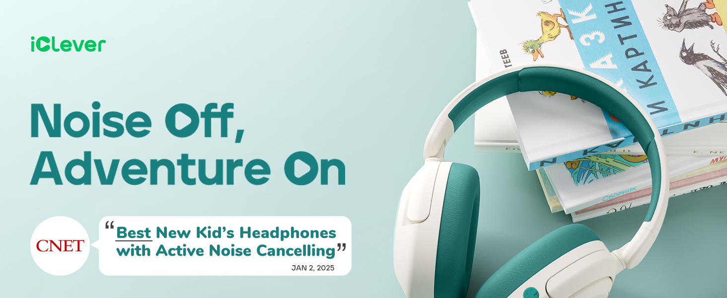 iClever Бездротові навушники з шумозаглушенням для дітей Bluetooth, 60 годин роботи, 80 дBA безпечний рівень гучності, зручна посадка, Bluetooth 5.4, AUX кабель для подорожей, білий/зелений