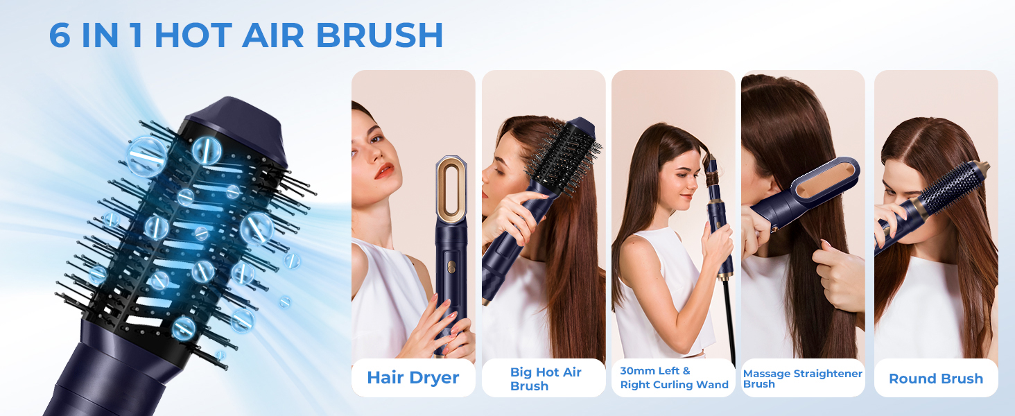 Airstyler 6 в 1 з локон-насадкою: фен-щітка, плойка, об’єм, догляд, 1000W, іонний, для волосся, білий