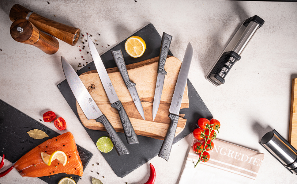 Набір ножів Karl Hausmann 5 предметів: ніж, підставка - кухонні ножі з нержавіючої сталі (сірий колір дерева)