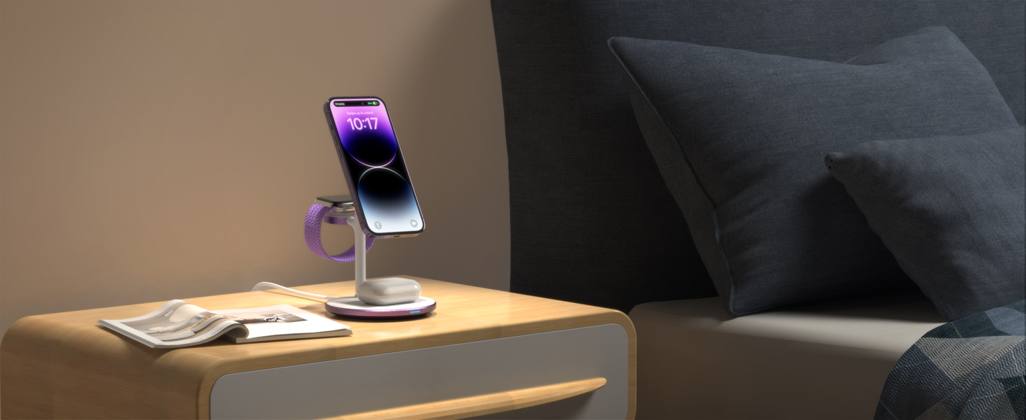 3-в-1 Бездротова Зарядка для Багатьох Пристроїв: iPhone, iWatch, AirPods (15W, MagSafe, Lila)