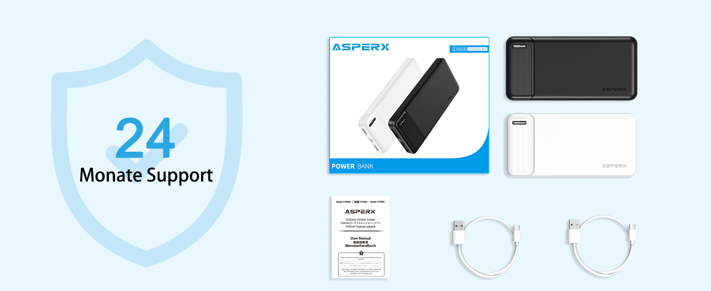 Power Bank AsperX 10000mAh (2 шт.) з USB-C, 4 порти, чорний+білий, для iPhone, iPad, Huawei, Tablet