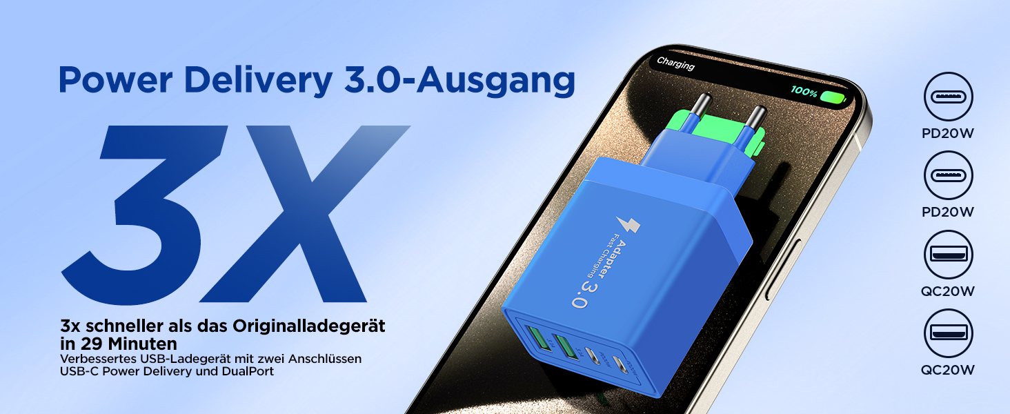 Багатопортовий зарядний пристрій Aioneus USB-C з 4 портами (USB-C та USB-A), 40W, PD 3.0, для iPhone, Samsung, білий (1 шт., колір: морська хвиля)