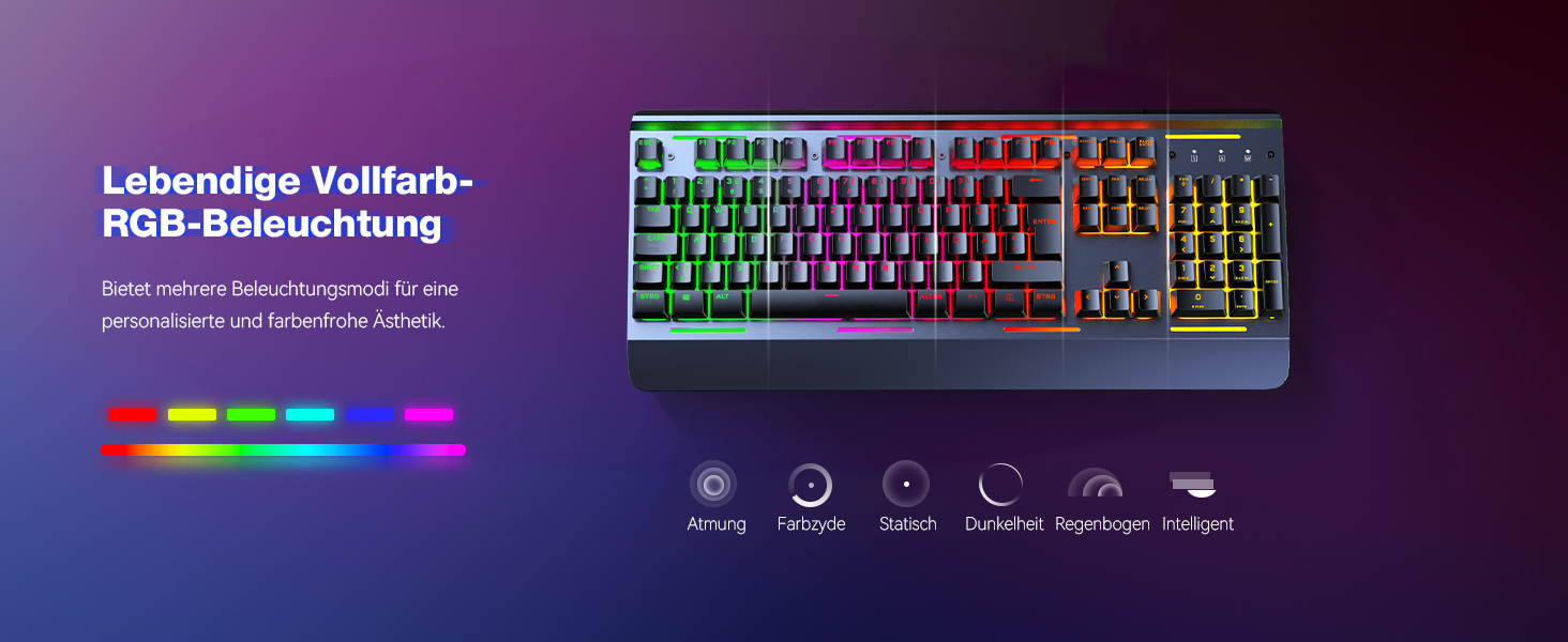 TECKNET RGB ігрова клавіатура для ПК, мембранна, 105 клавіш, повний металевий корпус, підставка для зап'ястя, 15 зон RGB підсвічування, 25 антиблінд, клавіатура для комп'ютера, німецька розкладка (QWERTZ)