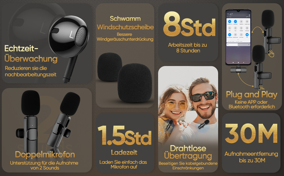 Беспроводной петличный микрофон XZ-K5 для iPhone/iPad/Android/Laptop с шумоподавлением (2 шт.)