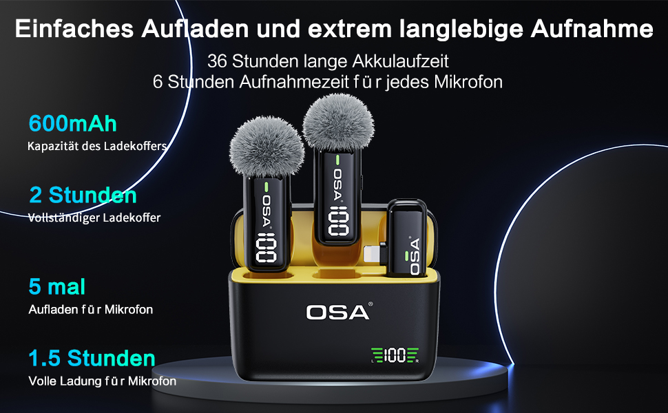 OSA Бездротовий петличний мікрофон: професійний комплект з двома мікрофонами, Plug-and-Play, для iPhone, Android, камери, ПК, з зарядним кейсом