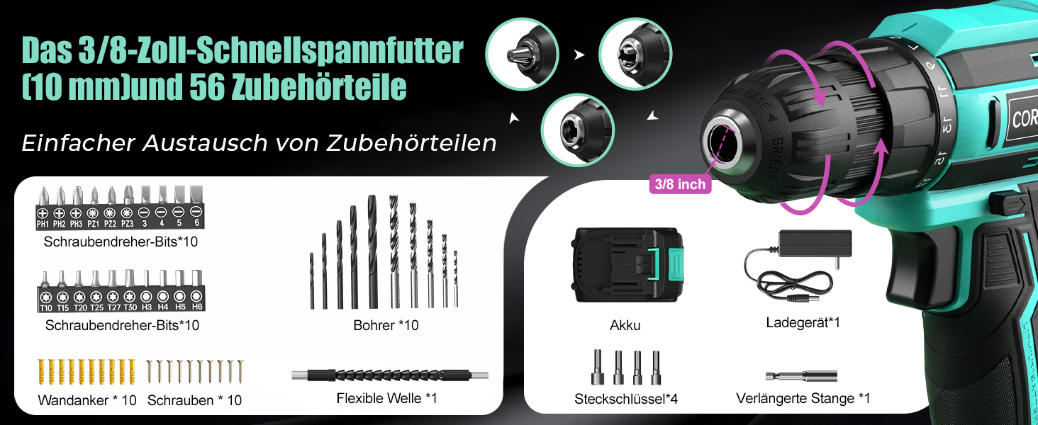Акумуляторний шурупокрут-дрель 20V з 56 шт. насадок, 42Nm, LED-підсвічування, для дому та ремонту