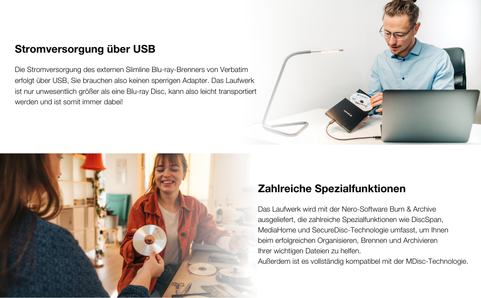 Зовнішній тонкий Blu-ray привід Verbatim Ultra HD 4K Slimline Writer з USB-C, підтримкою BDXL, M-Disc, DVD та CD, чорний