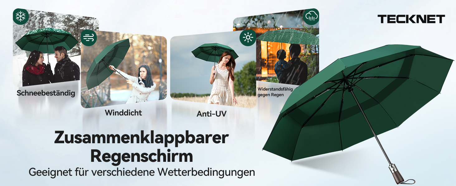 TECKNET Парасолька, автоматична складана, штормстійка, легка у відкриванні та закриванні, зелена
