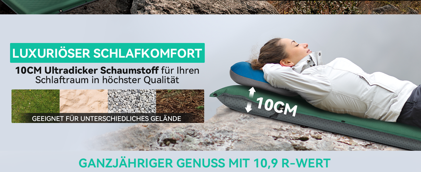 Каремат HIKENTURE самонадувний, 10 см товщини, для кемпінгу, туризму та подорожей (темно-зелений)