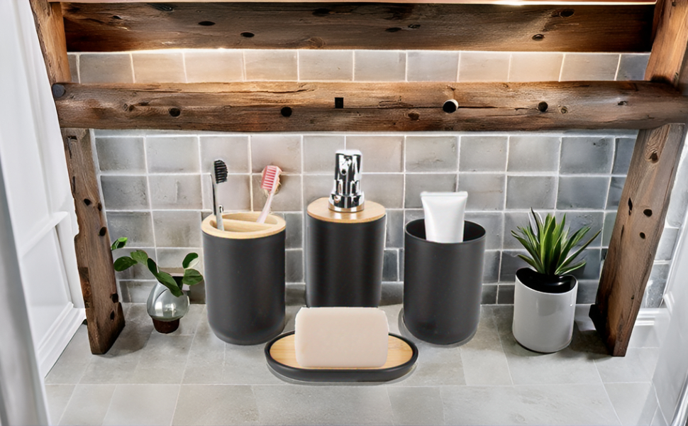 Набір аксесуарів для ванної кімнати на 4 частини (тримач для зубних щіток, мильниця, дозатор для лосьйону, стакан для ополіскувача), сучасний дизайн, чорний колір