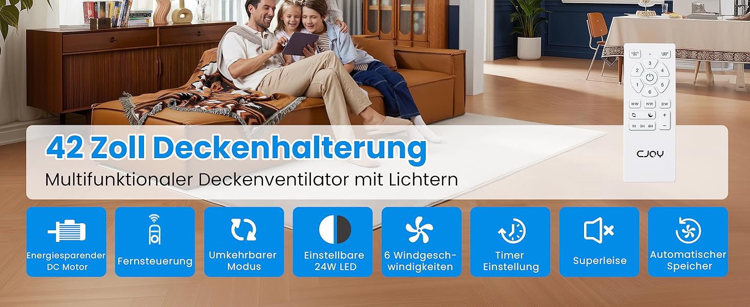 Стеляний вентилятор CJOY з підсвіткою, 107 см, з пультом керування, DC, тихий, з функцією реверсу, пам'ять 3CCT, диммування, 6 швидкостей, таймер для спальні, білий