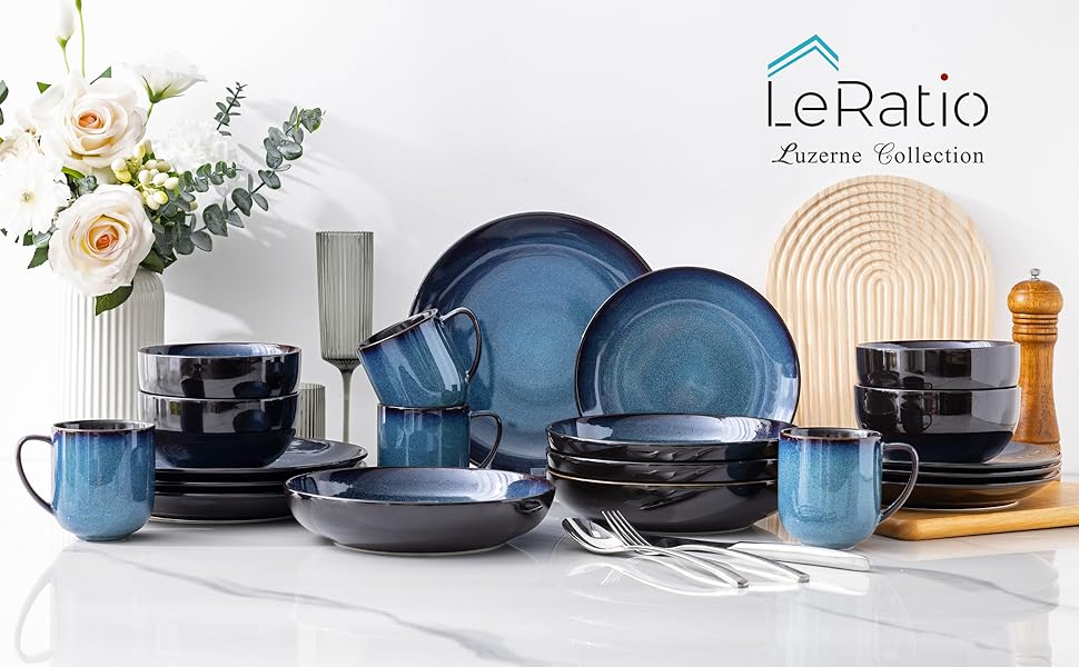 Набір посуду LeRatio на 8 осіб: 24 предмести, кераміка, реактивна глазур, блакитний, для посудомийної машини та мікрохвильовки