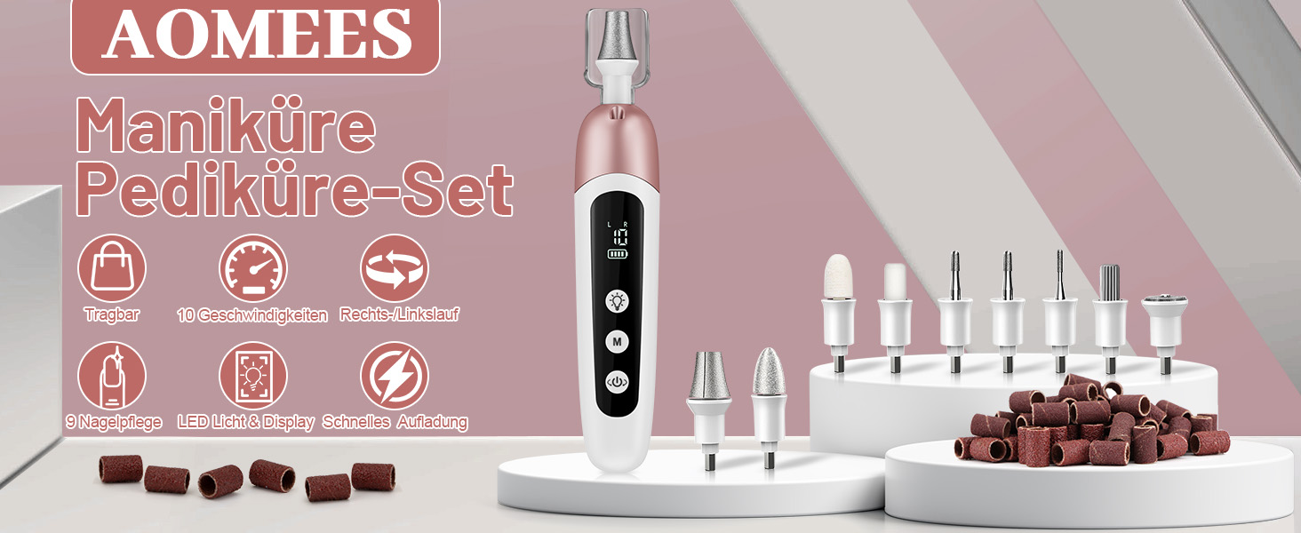Електричний набір для манікюру та педикюру AOMEES з 9 насадками, 10 швидкостей, LED-підсвічуванням, для гелевих та товстих нігтів, з кейсом