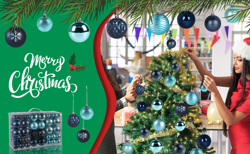 Набір прикрас для ялинки Agoer 100 шт. - блакитні кульки для ялинки з блискітками, пластикові, для декору ялинки на Новий Рік та Різдво