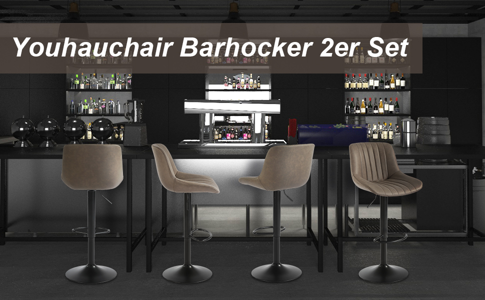 Youhauchair 2-Piece Swivel Bar Stools with Backrest - Adjustable Height PU Leather Bar Stools for Kitchen & Bar - Brown