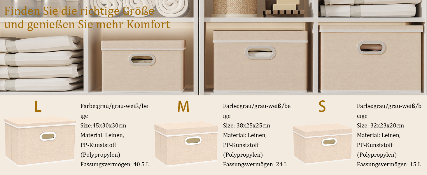 Yawinhe 3-Piece Storage Boxes with Lids, Foldable Fabric Box with Handles, Storage Boxes, for Bedroom, Clothes Storage, 32x23x20cm, SNK023G-3 (32x23x20cm/3-Pack, Beige)