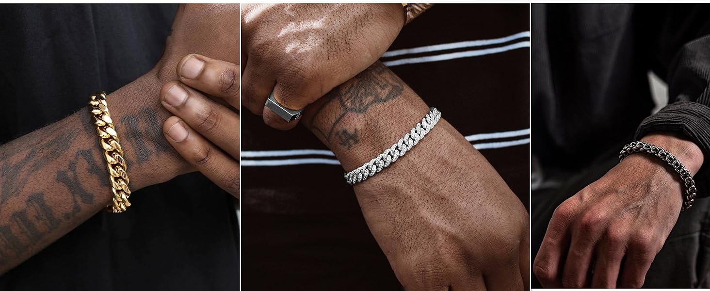 Чоловічі браслети XIANNVXI: набір з двох браслетів з нержавіючої сталі (срібло, золото, чорний). Браслети-панцер для чоловіків, 8 мм, довжина 19/21/23 см. Чудовий подарунок для чоловіків.