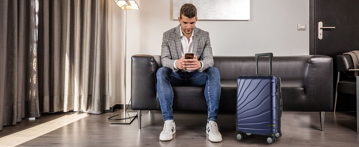 Чемодан ручної поклажі Vankean з обертовими колесами та TSA-замком, розширюваний, жорсткий, 20 дюймів, (Морський колір)