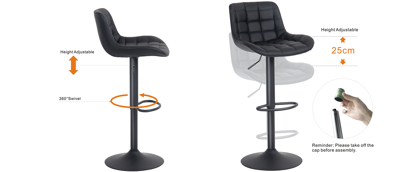 YOUTASTE Adjustable Bar Stools - Modern Design, Padded, Swivel, Faux Leather - Set of 2 (Black)