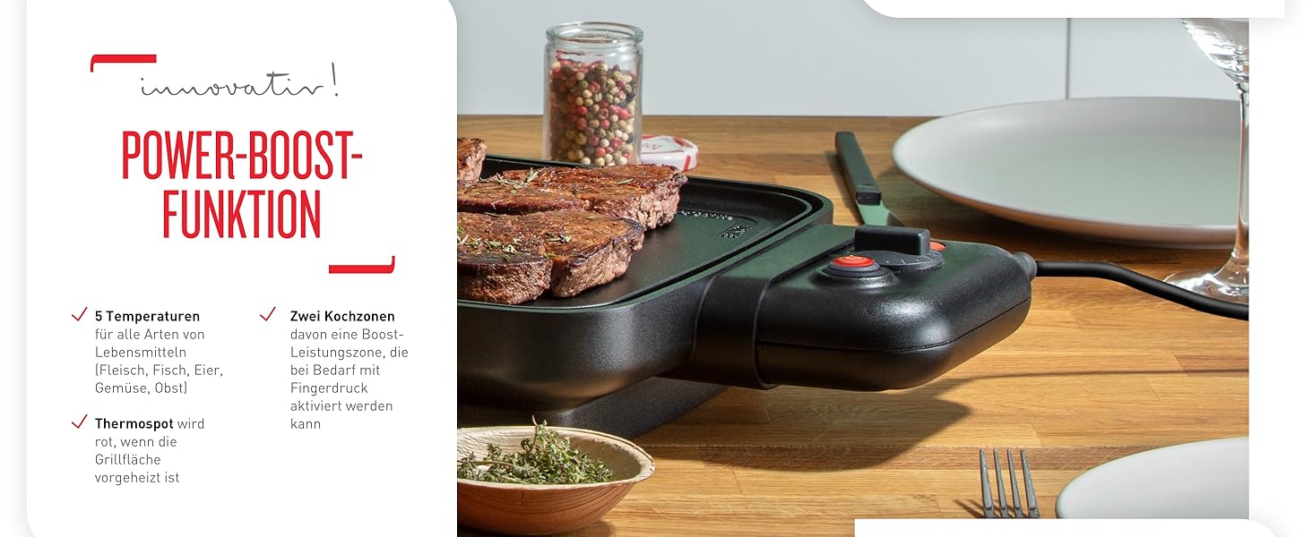 Тіфаль Plancha Booster Tischgrill: електричний гриль-стіл, 2200 Вт, велика поверхня, зона Boost, 6 температурних режимів, знімні антипригарні пластини, піддон для жиру, Thermo-Spot, чорний, CB6428