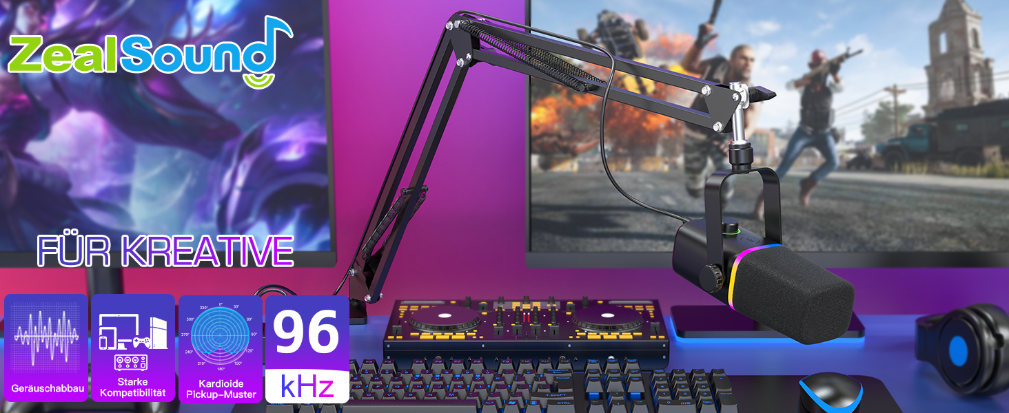 Мікрофон ZealSound XLR/USB для подкастів з RGB підсвічуванням та регулятором гучності | Для студії, стрімінгу, YouTube, геймінгу | Сумісний з PC, Mac, PS4-5, мікшером KD8S