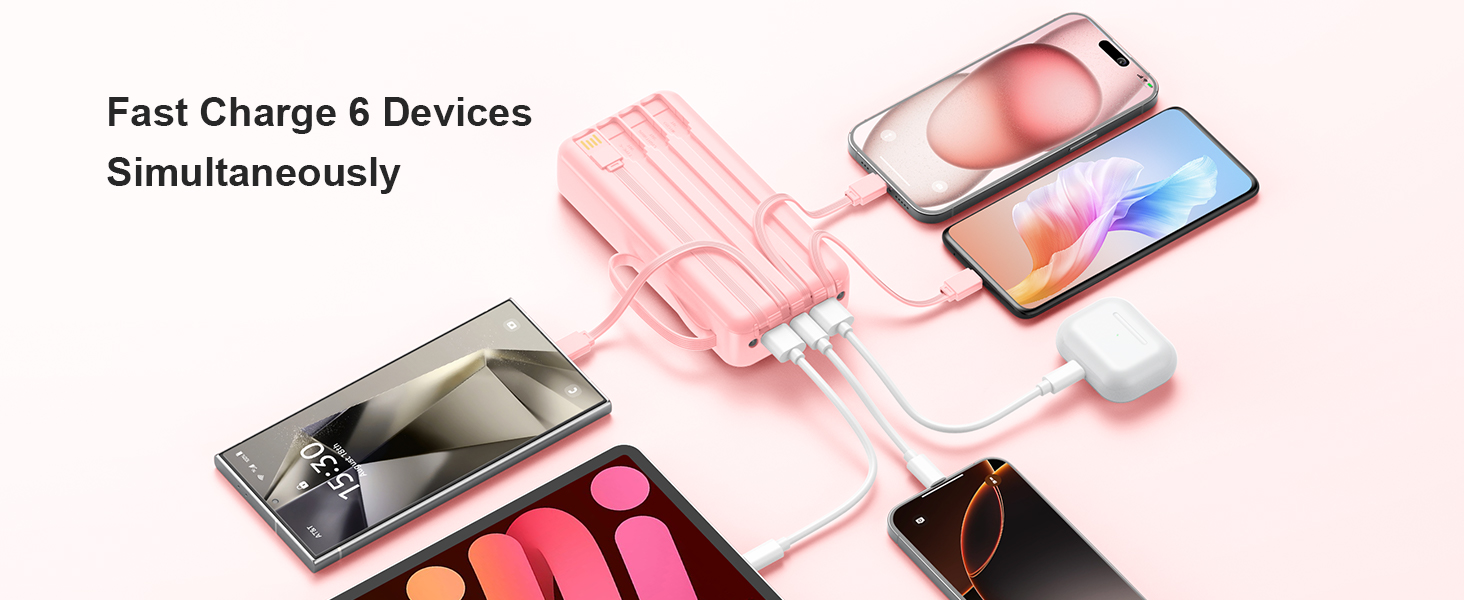 Портативний зарядний Power Bank 20000mAh з LED дисплеєм (2026 Upgrade), рожевий, 6 виходів, 2 входи, 22,5W