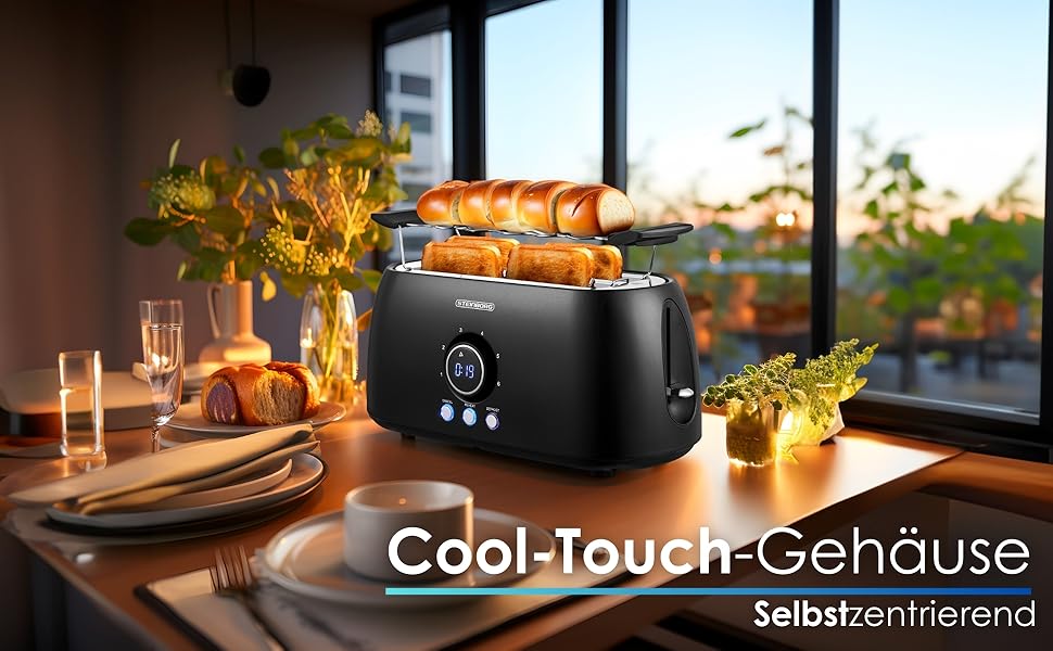 Тостер XXL з 4-ма відділеннями та підставою для бургерів | Чорний колір | Цифровий дисплей | Автоматичне вимкнення