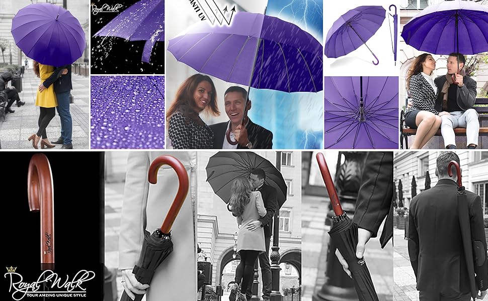 Royal Walk Automatic Travel Golf Umbrella - 54 inch / 140cm - Windproof, Waterproof, Large Size for 2 People - Classic Design, Wooden Handle, Unisex