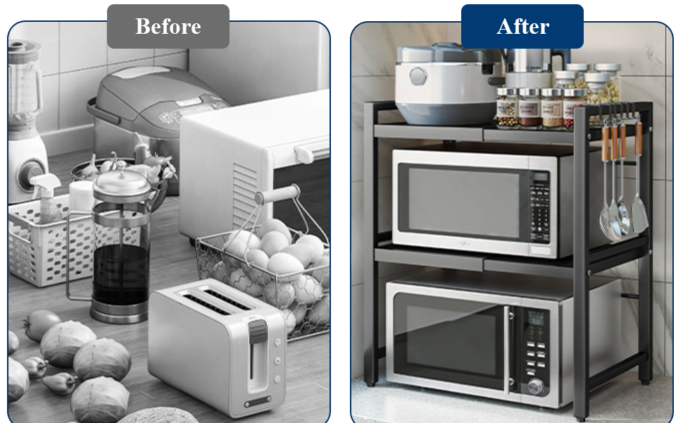 Регульована полиця для мікрохвильової печі, 3-рівнева розширювана стійка, органайзер для кухні з 6 гачками, з вуглецевої сталі, чорний