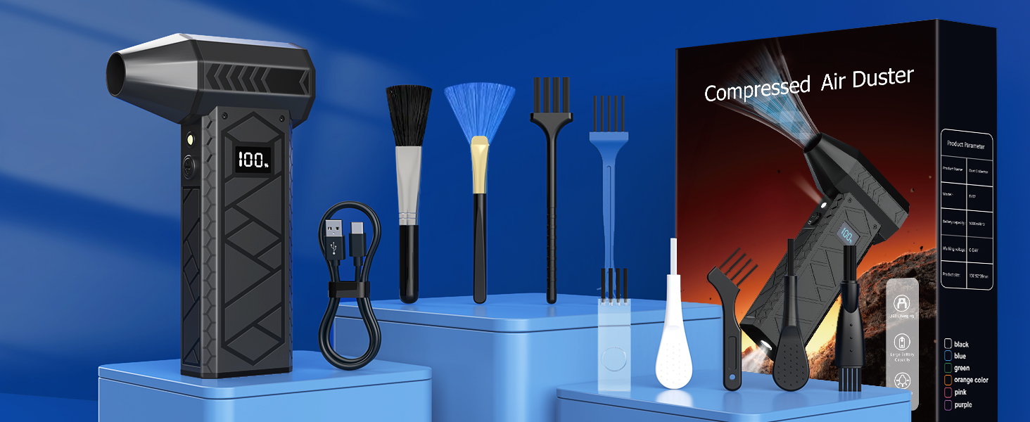 Електричний пилосос-фен, 10000mAh, LCD, міні-фен з ліхтариком для відпочинку на природі, 180000RPM, 4 швидкості, чорний