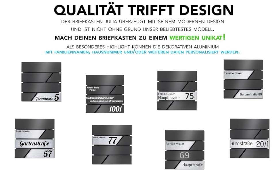 Поштовий ящик для газет Anthrazit з іменним шильдиком Julia Standard - настінний, порошкове покриття RAL 7016, 37x37 см