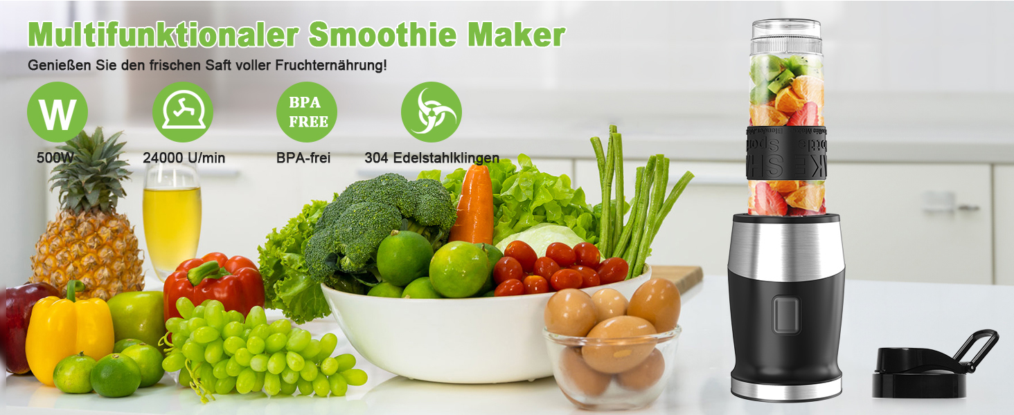 500W Stainless Steel Portable Blender - Smoothie & Shake Maker with BPA-Free Tritan Bottles