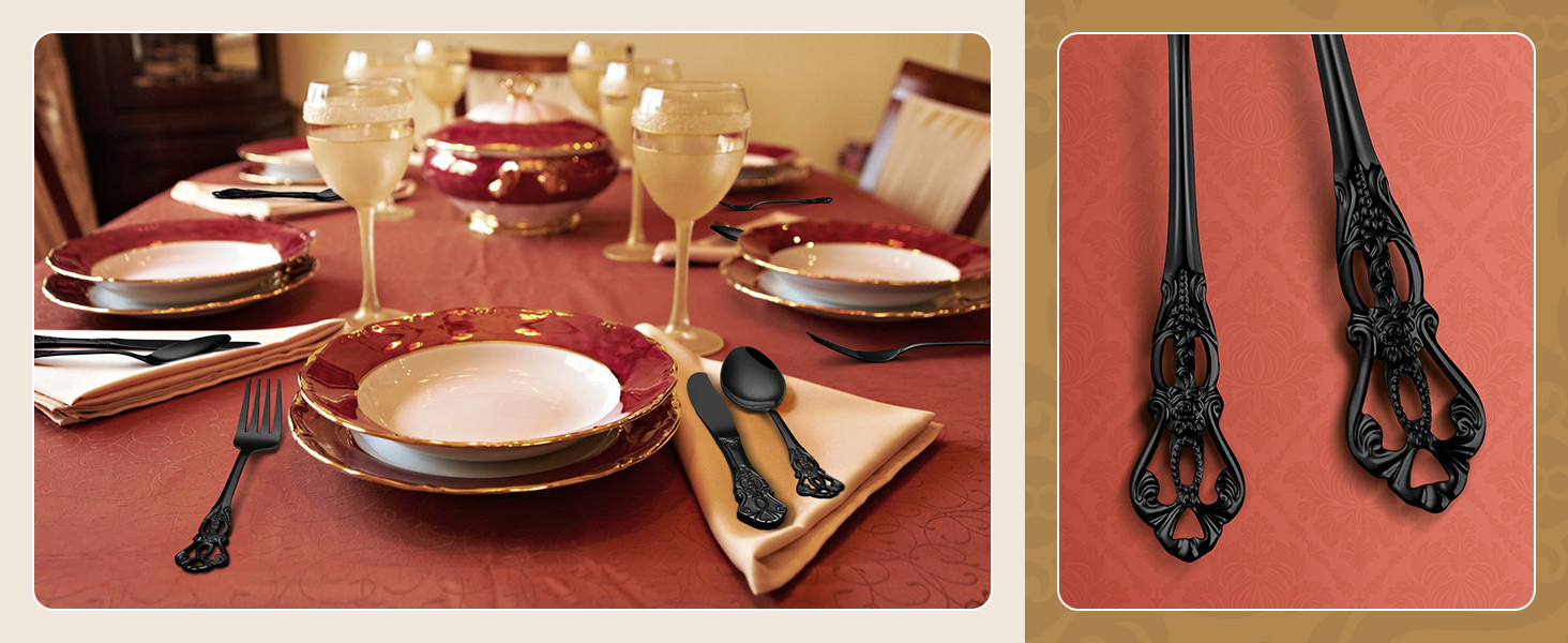 Набір столових приборів Retro на 6 осіб, 24 предмети, нержавіюча сталь, чорний, антикварний бароковий стиль