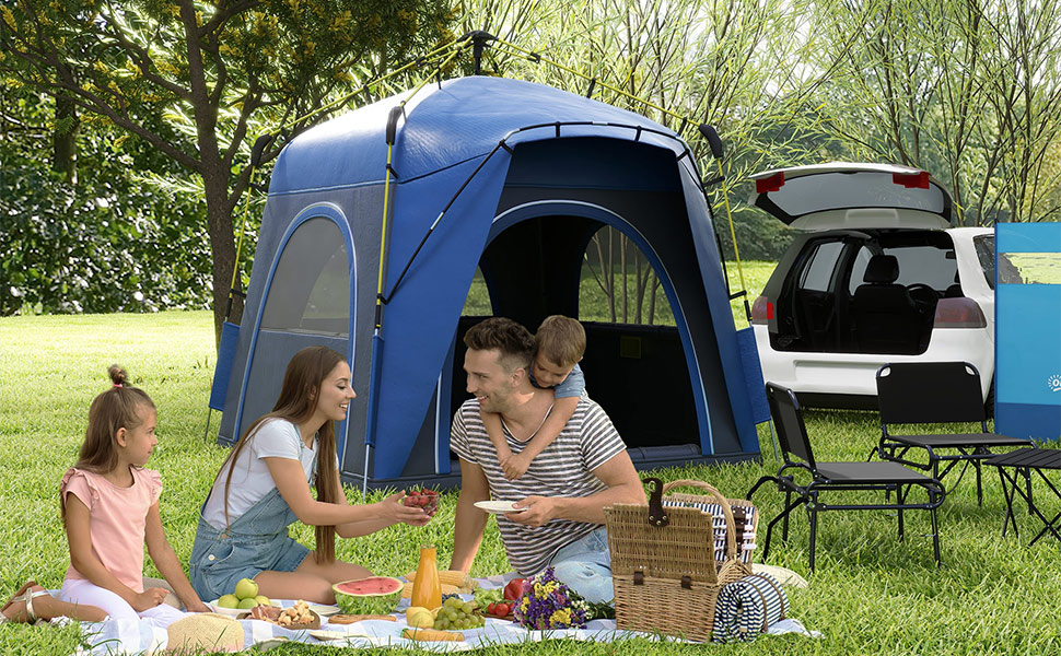 Намет Outsunny Pop-Up для 3 осіб, блакитний: сімейний кемпінговий намет з UV 50+ захистом, 4 двері, водонепроникність 1000 мм