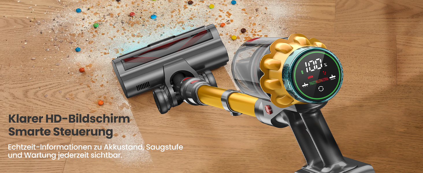 Акумуляторний пилосос SICBCGB 48000Pa/550W/70 хвилин, 2.0L з HD-дисплеєм, антизаплутана щітка, док-станція, самостійна підставка, 11-шарова фільтрація для шерсті тварин та авто, золотий колір
