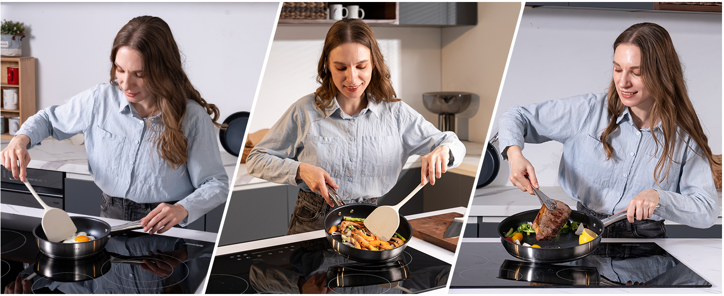 Набір сковорідок 3 шт. з нержавіючої сталі з антипригарним покриттям, 20, 24, 28 см, для всіх типів плит