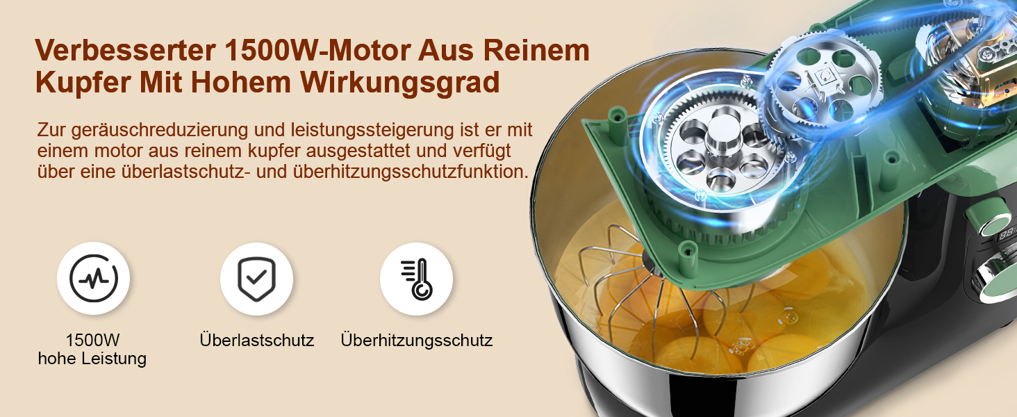 Кухонна машина/міксер Facelle 1500W з 5.5L та 4.5L чашами, 10+ програм, тиха робота, з набором насадок (зелено-сірий)