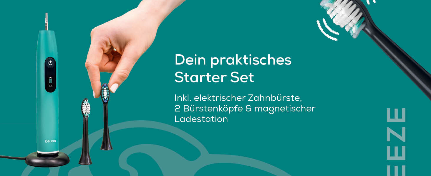 Електрична зубна щітка Beurer SC 50 з 5 режимами чищення та датчиком тиску, 80 000 коливань, дисплей, 2 насадки (Ocean Breeze)
