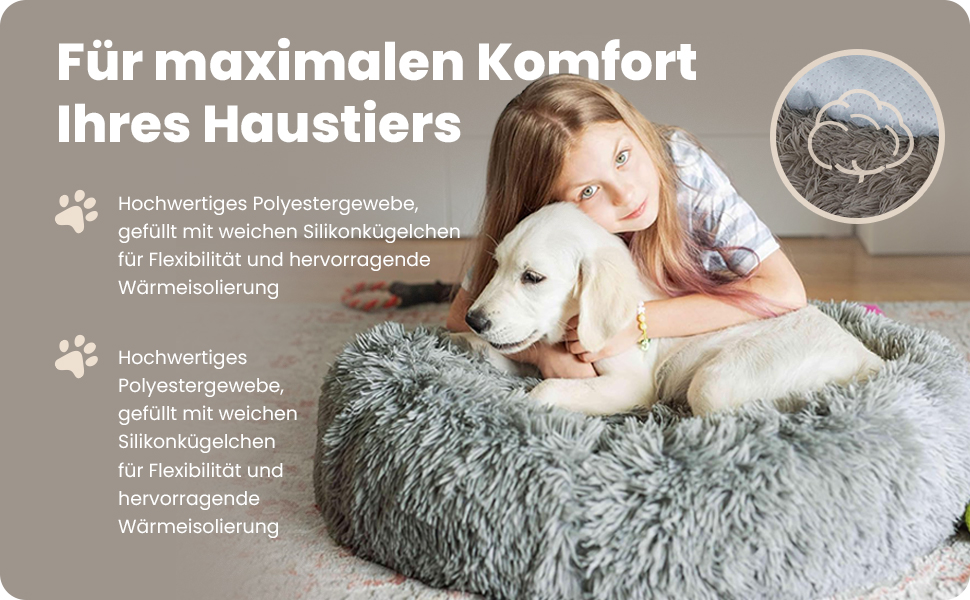 М'яке ліжко для собак та котів великих порід - кругле пухнасте ліжко з високими бортиками - антиковзаюче дно - силіконова наповнювач - комфортне місце для сну - 90 см - зручне та довговічне - бежеве