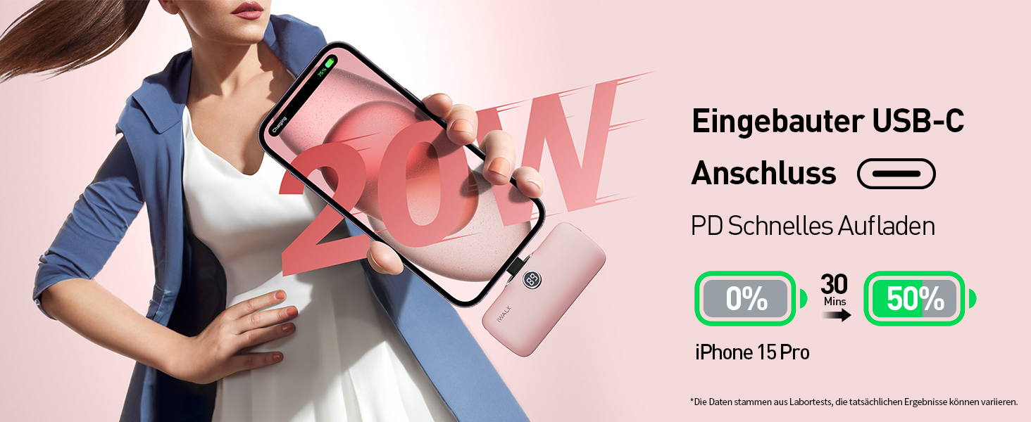 Powerbank iWALK 4800mAh 20W з LCD-дисплеєм, рожевий. Сумісний з iPhone, Samsung, Xiaomi. Портативний зарядний акумулятор для жінок та чоловіків