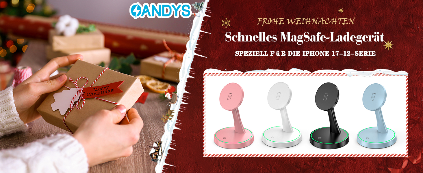 Зарядний пристрій Induktive OANDYS 2-в-1 з підтримкою MagSafe, 15W, для iPhone 17/16/15/14/13/12 та AirPods, бездротовий, з нічним світлом